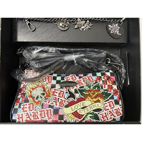 Ed Hardy Y2K Love Eternal Shoulder Bag Rhinestone Print Baguette Gift Box - Picture 2 of 2